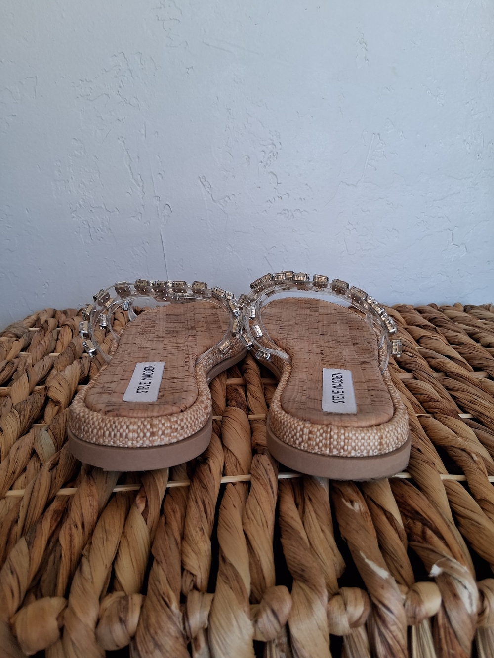 Steve Madden Sz 8 Cork Slide Sandals with Clear Jeweled Straps - Picture 4 of 8